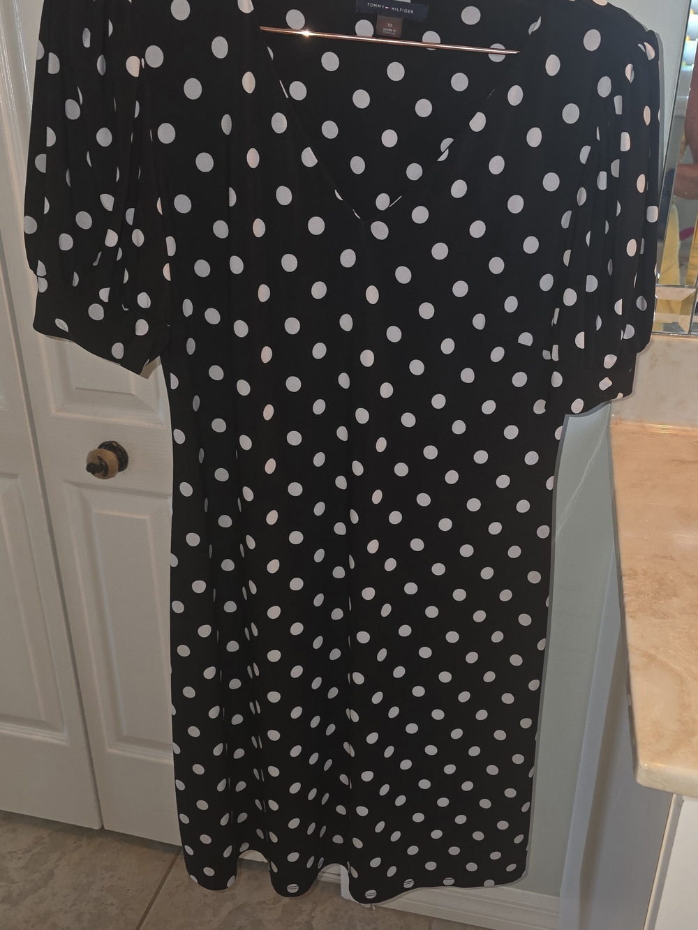 Tommy Hilfiger Black and White Polka Dot V-Neck Midi Dress